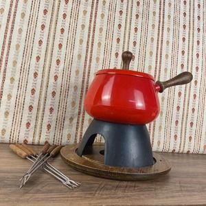 Vintage Fondue Pot Set, Retro Red Enamel, MCM Mod